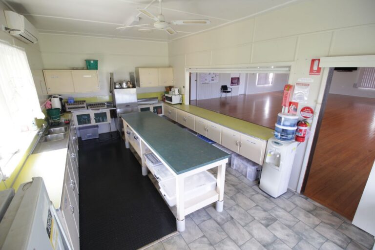 The Hub's kitchen, with a long preparation bench running the length of the room