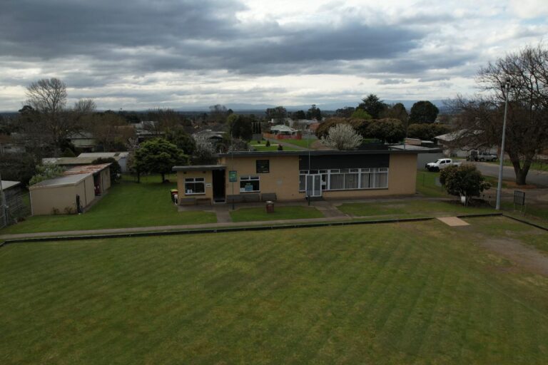 The Trafalgar Park Community Hub building and green photographed from the air