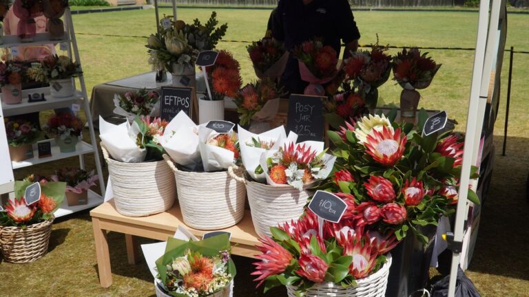 Baskets of proteas and wrapped posies on a flower stall at the Trafalgar Farmers Market